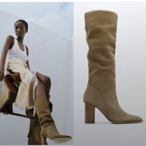 Zara Boots Tall Suede Heel in Tan 1002/810